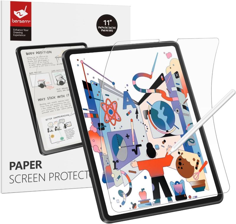 Photo 1 of BERSEM Paperfeel Screen Protector Compatible with iPad Pro 11 inch (2022/2021/2020/2018), iPad Air 5th / 4th Generation (10.9",2022 / 2020), iPad Air 5 / iPad Air 4 Matte PET Film for Drawing Anti-Glare, Apple Pencil Compatible
