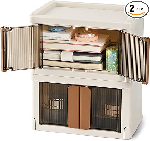 Photo 1 of TRZZ Mini Plastic Storage Crate, Desk Organizer with Lid, Foldable Cute Boxes with Door, Stackable Home Organization and Storage Crate for Office, Bedroom, 2 Pack (8.6"x6.1"x5.1")
