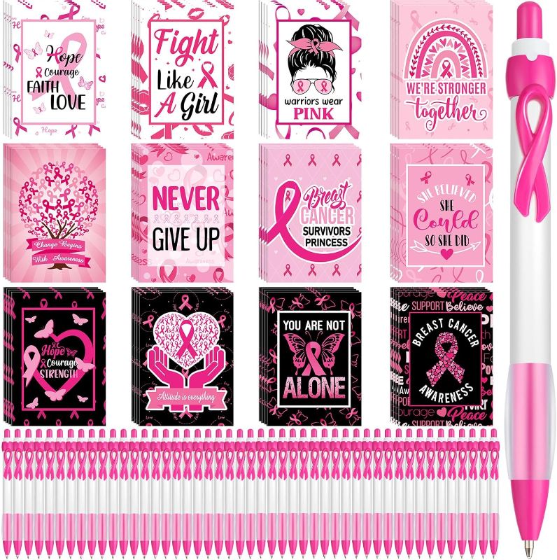 Photo 1 of Yeaqee 96 Pcs Breast Cancer Awareness Gift 48 Breast Cancer Awareness Notebook Notepads 48 Breast Cancer Awareness Ribbon Pens for Women Girls School Classroom Charity Event Party Supplies(Rose Pink)
