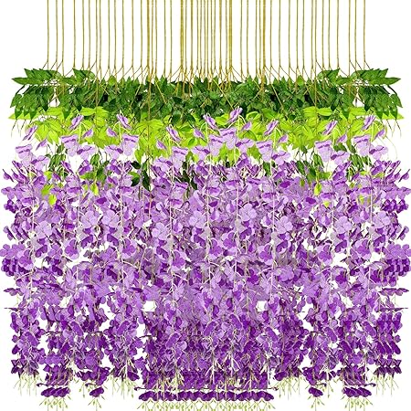 Photo 1 of 108 Pack 43.2 in/ 3.6 ft Artificial Fake Wisteria Hanging Flowers Wisteria Faux Flowers Garland Silk Wisteria Vine Rattan Long Hanging Flowers String for Home Outdoor Wedding Party (Dark Purple)
