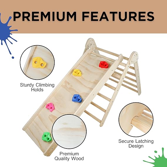 Photo 1 of  Wooden Indoor Playground - Climbing Toys for Toddlers - Pikler Triangle Ladder, Rock Climbing Wall & Slide - Baby Jungle Gym