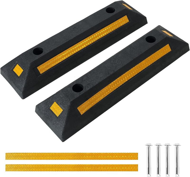 Photo 1 of 2 Pack Heavy Duty Rubber Parking Block Parking Curb | Wheel Stop Stoppers with Yellow Reflective Stripes for Car