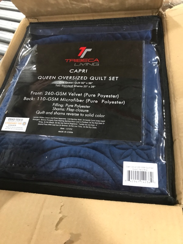 Photo 2 of Tribeca Living Oversized Velvet Quilt, Three Piece Queen Bed Set, 260GSM Soft Velvet Quilted Set Includes One Quilt & Two Sham Pillowcases, Capri, Navy Blue Queen Navy Blue