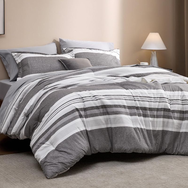 Photo 1 of Bedsure King Size Comforter Set - Grey White Striped Bedding Sets King Bed in A Bag with Comforters King Size, Sheets,  & Shams, Bed Sets 