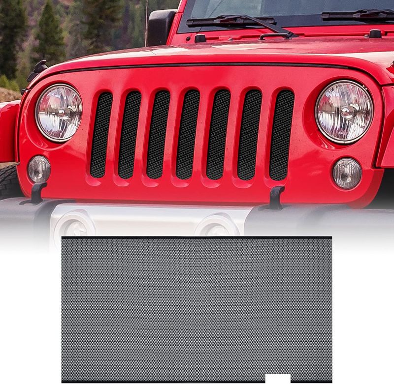 Photo 1 of AggAuto Aluminum Grill Mesh Insert for Jeep Wrangler JK JKU 2007-2018, Aluminum Alloy Metal Front Grille Inserts Grid 86% Open Area Rhombic Hole Black 86% Open Area Grill Mesh