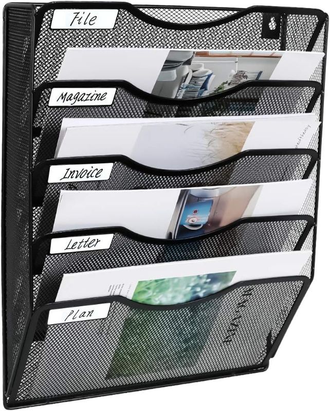 Photo 1 of EasyPAG 5 Pockets Mesh Wall File Holder Office Hanging File Folder Magazine Rack Mail Sorter Bin | Nametag Label Included, Black
