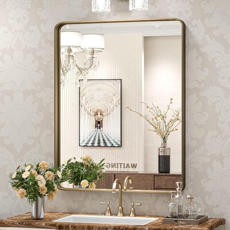 Photo 1 of 24x32 Inch Bronze Bathroom Wall Mirror Farmhouse Mirror with Non-Rusting Aluminum Alloy Brushed Metal Frame for Modern Farmhouse Bedroom Living Room Decor