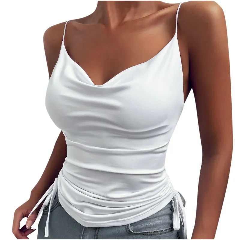 Photo 1 of [Size M/L] 3Pcs Women's Camisole Tops,Invisible Spaghetti Strap Cami Cowl Neck Ruched Tank Top Solid Color Casual Shirt