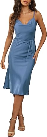 Photo 1 of [Size XL] Women's Sleeveless Spaghetti Strap Satin Wedding Guest Party Dress Cocktail Evening Cowl Neck Backless Midi Formal Dresses