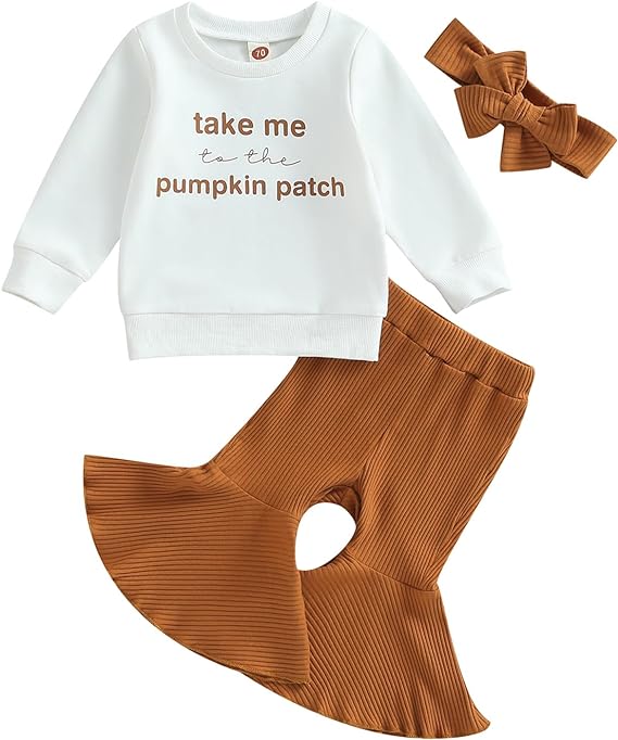 Photo 1 of [Size 18-24mo] LIN&BABAY Toddler Infant Baby Girl Halloween Outfits Pumpkin Long Sleeve Pullover Sweatshirt Tops+Bell Bottom Pants