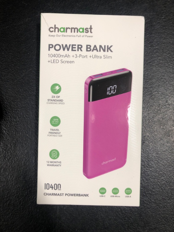 Photo 2 of Charmast Portable Charger, USB C Battery Pack, 3A Fast Charging 10400mAh Power Bank LED Display, Slim Portable Phone Battery Charger for iPhone 13 12 11 X 8 7 Samsung S21 S20 Google LG OnePlus iPad H Purple