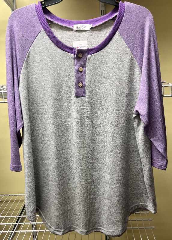 Photo 1 of [Size XL] Hocosit Womens Raglan Round Neck Henley Top 3/4 Sleeve Purple and Black