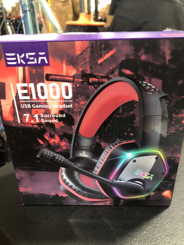 Photo 2 of EKSA E1000 Gaming Headset, Computer Headphones with Noise Canceling Mic & RGB Light, 7.1 Surround Sound, Compatible with PC, PS4 PS5 Console, Laptop (Red)