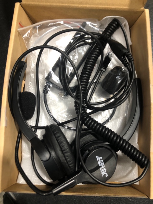 Photo 2 of AGPTEK Hands-Free Call Center Noise Cancelling Corded Binaural Headset Headphone with 4-Pin RJ9 Crystal Head and Mic Microphone for Desk Phone - Telephone Counselling Services, Insurance, Hospitals 4-Pin RJ9 Binaural Headset