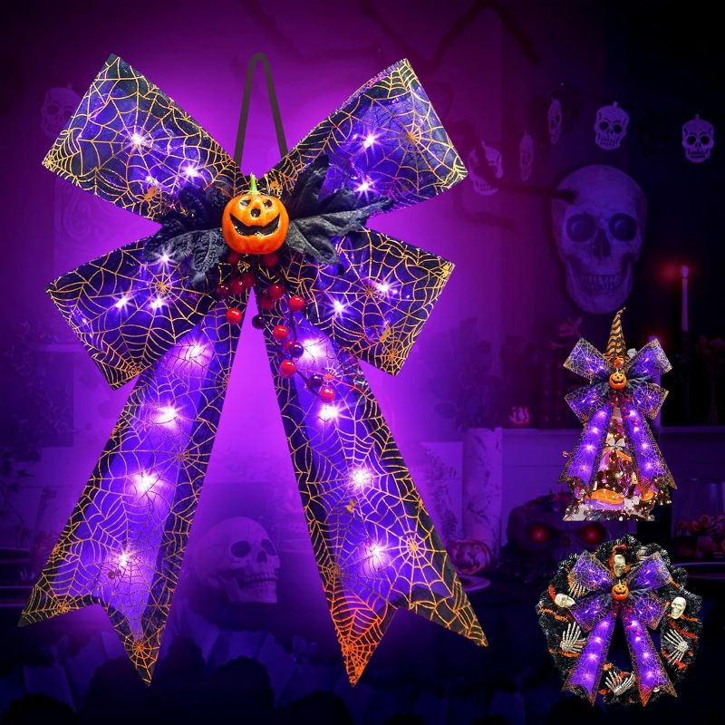 Photo 1 of 21.5“ Lighted Large Halloween Bows for Wreath Decorations with Timer, 20LED Halloween Tree Topper Bows Battery Operated Decorative Bows Burlap Black Pumpkin Spider Web for Front Door Wall Spooky Decor
