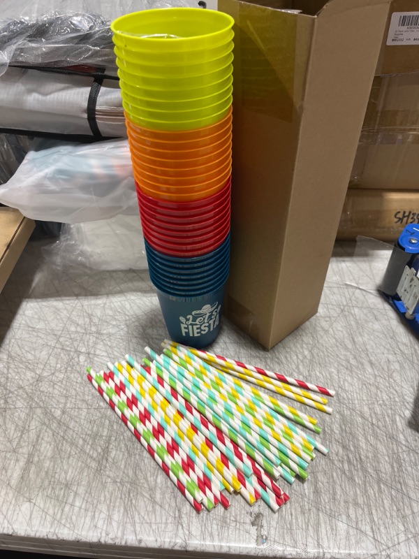 Photo 1 of  32 Set 16oz Plastic Stadium Cups with Drinking Straws and Straw Decorations Disposable Cups and Paper Straws