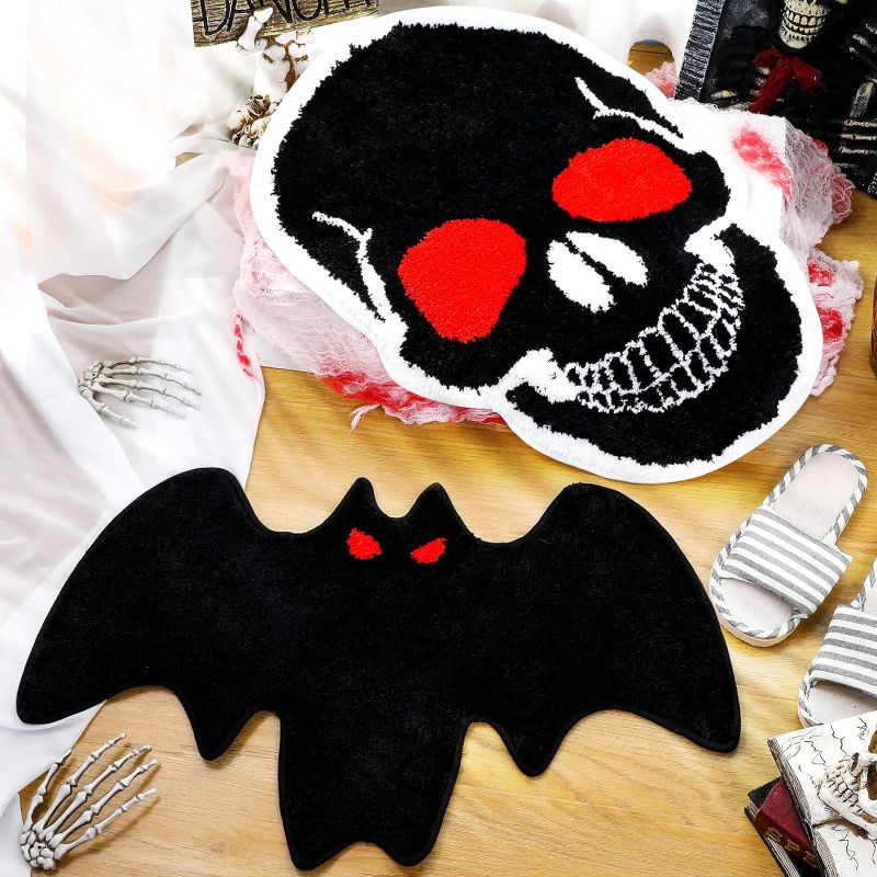 Photo 1 of 2 Pcs Halloween Bathroom Rugs Skull Bath Mat Coffin Doormats Gothic Bat Bath Mat Non Slip Cute Pumpkin Kitchen Mat Spooky Ghost Door Mat for Home Horror Festival Indoor Outdoor Bedroom (Skull)