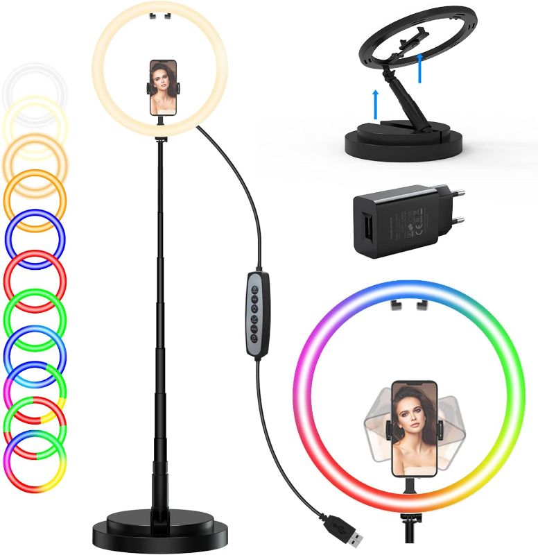 Photo 1 of 12" RGB Ring Light Foldable with UL Certified Adapter, 21-67” Vanity Mirror with Adjustable Stand, 32 RGB Colors, 2700-6500K, Multi-Angle Phone Mount for YouTube, TikTok, Photography & Video