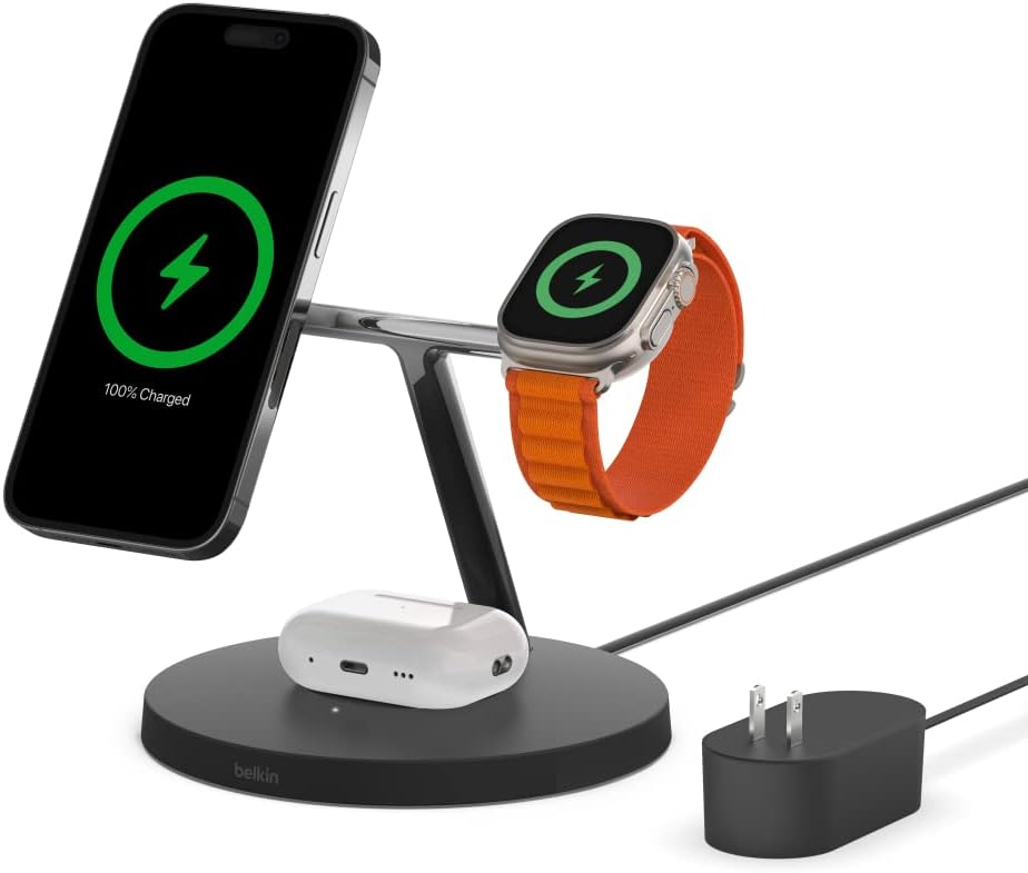 Photo 1 of Belkin MagSafe 3-in-1 Wireless Charging Stand - 2ND GEN w/ 33% Faster for Apple Watch - iPhone 15, 14 & 13 Series, & AirPods -Charging Station for Multiple Devices - Black 