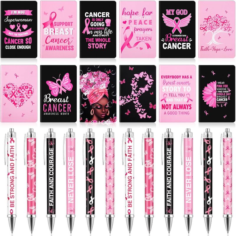 Photo 1 of Cholemy 24 Pcs Breast Cancer Awareness Gift Sets Include 24 Mini Motivational Notebook Bulk Journal Notepad 24 Inspirational Pink Ribbon Ballpoint Pen for Women Girls Charity Event Party Supplies 