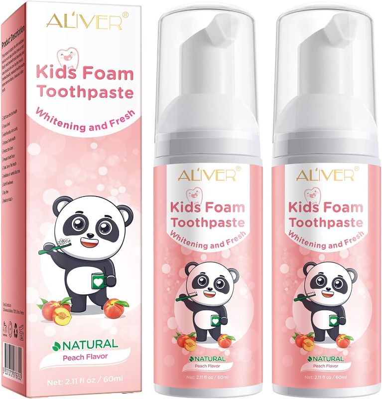 Photo 1 of 2PCS Foam Toothpaste Kids, Foam Whitening Toothpaste, Mousse Toddler Toothpaste, Low Fluoride Foaming Toothpaste and Mouthwash for U Shaped Toothbrush for Kids (2 PC (Peach Child))