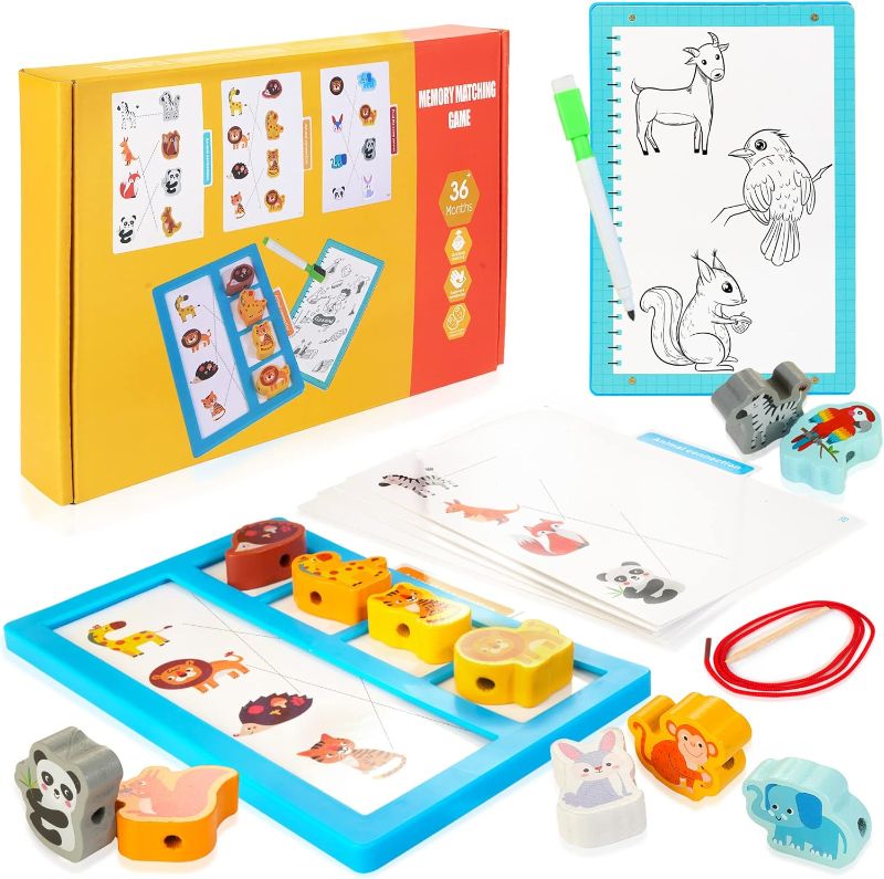 Photo 1 of Bravmate Wooden Memory Matching Games, 3 in 1 Montessori Toy Set Including Puzzle Board, Lacing Beads and Double Functional Doodle Board, Preschool Educational Toys for Toddler Aged 2 3 4 Years Old 