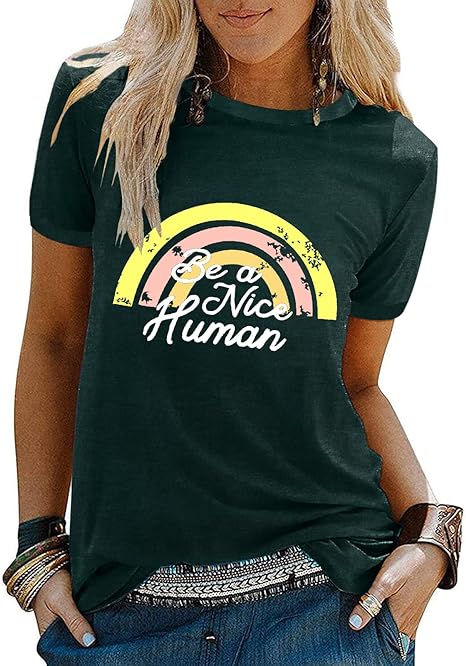 Photo 1 of Be A Nice Human T-Shirt Women Inspirational Graphic Tee Rainbow Cute Blessed Shirt Novelty T-Shirts Casual Teacher Tees S
