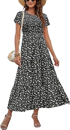 Photo 1 of AUSELILY Summer Floral Maxi Dresses for Women Tiered Long Dress Casual Smocked Beach Short Sleeve Dress
