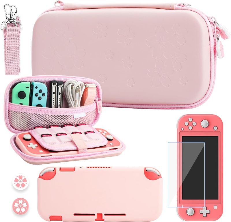 Photo 1 of RHOTALL Cherry Blossom Carrying Case for Nintendo Switch Lite, Potable Storage Case for Switch Accessories with Protective Case, Screen Protector, Adjustable Shoulder Strap and 2 Thumb Caps (PINK)