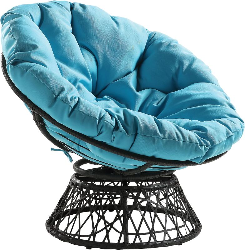 Photo 1 of OSP Home Furnishings Wicker Papasan Chair with 360-Degree Swivel, Grey Frame with Blue Cushion
