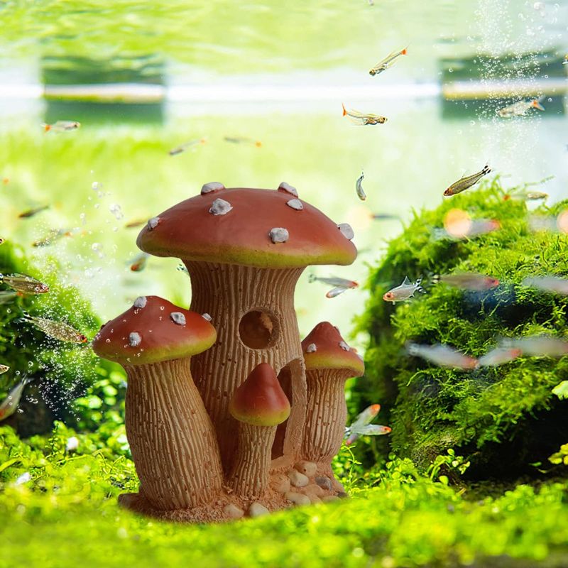 Photo 1 of 2 PACK Mairuker Mushroom House Aquarium Decorations, Fish Tank Rocks Caves Landscape Ornament Resin Mushroom Hideout House for Small Fish, Fairy Garden Decoration 