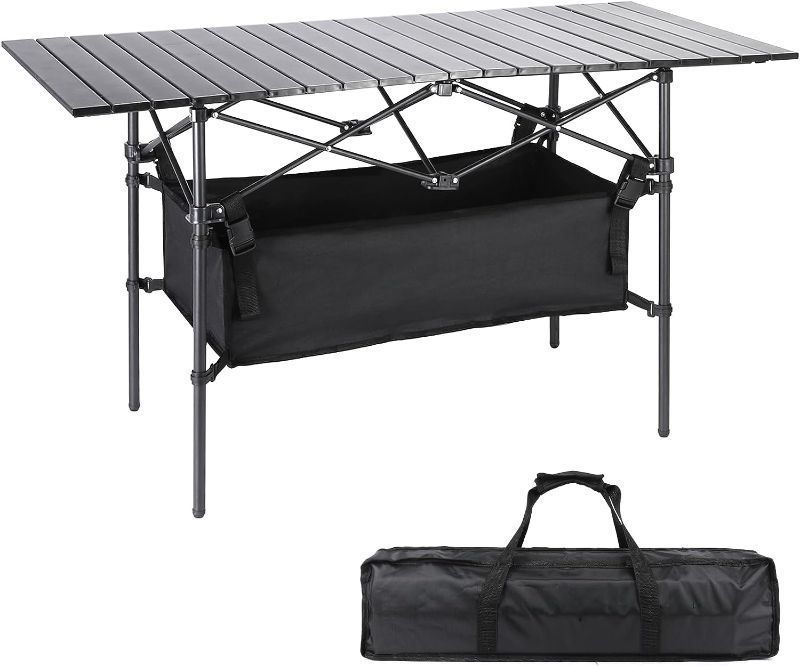 Photo 1 of  Camping Table 4Ft Folding Table with 54 L Storage Bag Tighten Band Folding Picnic Table Aluminum Roll up Table Folding Camp Table for Outdoor Beach Grill BBQ Travel Black