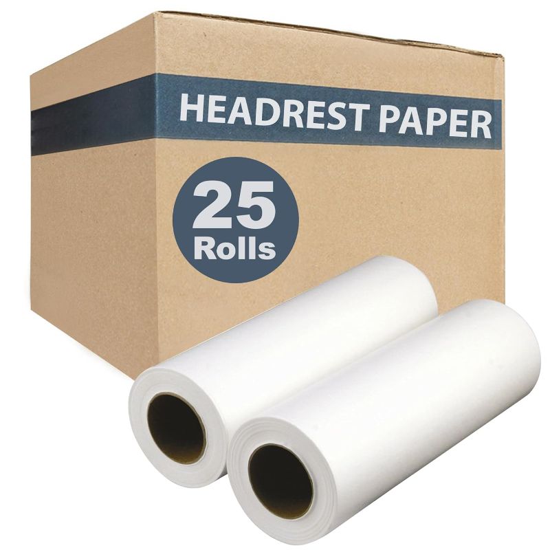 Photo 1 of  Headrest Paper Rolls, 25-Pack - 8.5" x 225' - Economy Smooth 13 Pound Paper - Disposable Face Cradle Surface Paper Spool for Medical, Exam and Chiropractic Tables