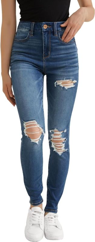 Photo 1 of  Women's Stretch Ripped Jeans High Rise Stretch Skinny Denim Jeans with Hole SIZE-8