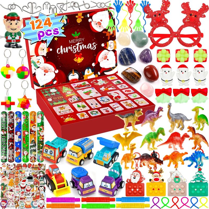 Photo 1 of 124 Pcs Advent Calendar 2023 Boys Toddlers Advent Calendar Fidget Dinosaur Toy Cars Rock Crystal gemstone Mochi Squishy Metal Brain Teaser Advent Calendar 2023 Kids Teens Girls Christmas Advent Calendar Xmas Gift 