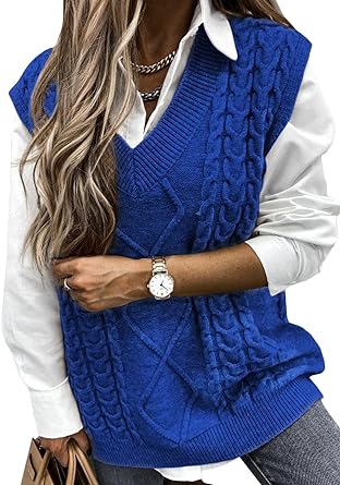 Photo 1 of Happy Sailed Womens V Neck Sweater Vest Oversized Cable Knitted Sleeveless Sweaters Tops S