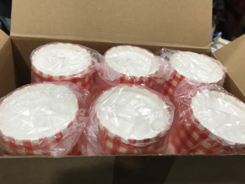 Photo 2 of 300 PCS 9oz Gingham Ice Cream Cups Paper Disposable Cups Snack Treat Soup Bowls Plaid Paper Cups Picnic Disposable Dessert Bowls Plaid Checkered Paper Cups for Hot or Cold Food (Red and White) Red/White