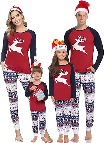 Photo 1 of Couples Christmas Matching Pajamas Set Holiday PJs Sleepwear Xmas Deer Printed Top Jogger Pant with Pockets for Women Men Size 6