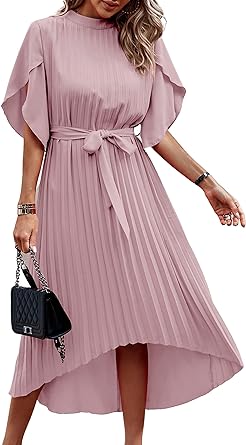 Photo 1 of ECOWISH Women's 2023 Summer Dresses Flutter Short Sleeve Pleated Flowy Midi Dress Wrap Tie Waist Dresses for Women Size L