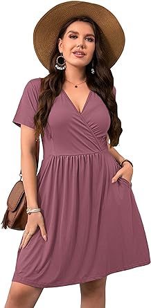 Photo 1 of KARALIN Plus Size Women's Summer Tunic Dress Short Sleeve T-Shirt Swing Dress with Pockets