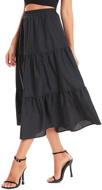 Photo 1 of DIASHINY Women's High Waist Elastic Waist A Line Solid Pleated Tiered Long Skirt Size XL