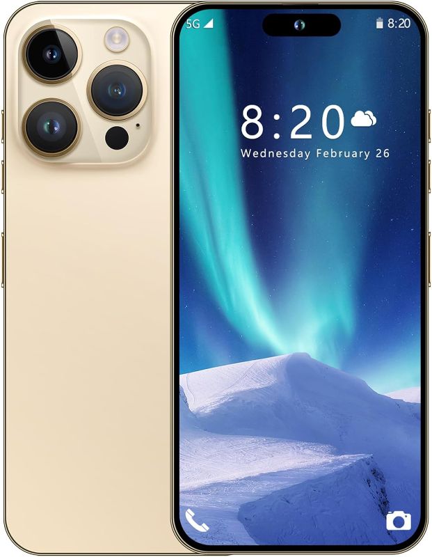 Photo 1 of  A14 Pro Max Cell Phone, Factory Unlocked Android Smartphone, 24MP+12MP Camera, 4GB+128GB, Adaptive Display, 6800mAh Long Battery Life, Gold