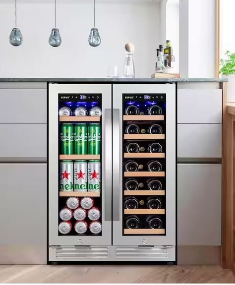 Photo 1 of 24 in. Dual Zone 20-Wine Bottles and 60-Cans Beverage & Wine Cooler in Silver Two Shapes of Door Handle Blue LED Lights
