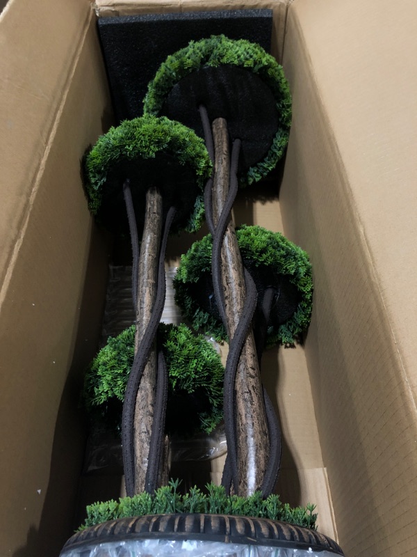 Photo 1 of 3 ft. Artificial Cedar Topiary Tree Indoor and Outdoor Fake Topiary Cypress Plant with Rattan Trunk Cement Filled Pot
