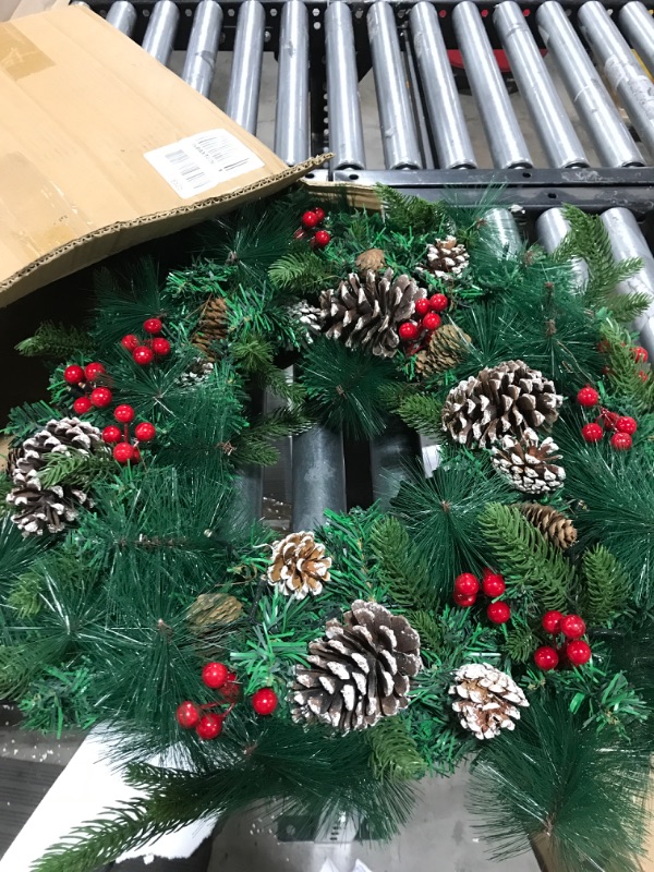 Photo 2 of 26 Inch Super Large Thick Prelit Christmas Wreath Realistic Feel 80 Lights Timer for Front Door Battery Operated Double Frame 228 Branches 60 Red Berries Jumbo Size 16 Pinecone Christmas Decoration Warm White