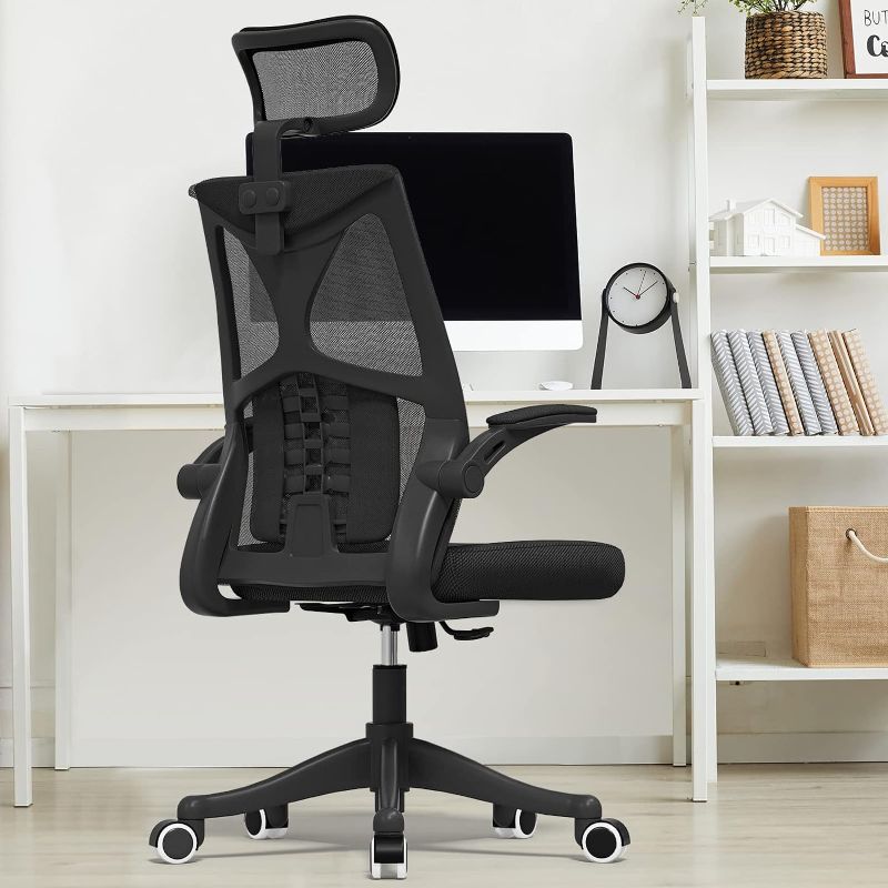 Photo 1 of Younmall Ergonomic Office Chair, High Back Desk Chair, Breathable Mesh Desk Chair with Lumbar Support, Adjustable Headrest and Flip-Up Arms, Swivel Task Chair with Adjustable Height (Black) 