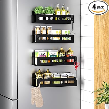 Photo 1 of 4 Pack Magnetic Spice Storage Rack for Refrigerator, Magnetic Fridge Spice Shelf with 4 Moveable Hooks, Strong Magnet Seasoning Organizer Rack for Kitchen Classroom Storage, Black magnetic shelves 
