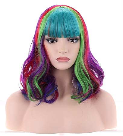 Photo 1 of BERON 14 Inches Multi Color Wig with Bangs Women's Curly Rainbow Wig with Bangs Heat Resistant Synthtetic Cosplay Wig (Rainbow) 