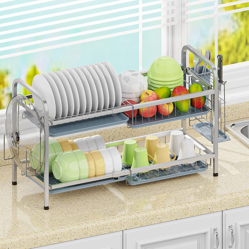 Photo 1 of ADOVEL Dish Drying Rack with Drainboard, Adjustable 2 Tier Dish Rack for Kitchen Counter, Stainless Steel - White
