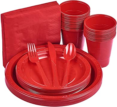 Photo 1 of 175 PCS Red Plastic Dinnerware Set Includes 50 Red Plastic Plates, 25 Red Plastic Cups, 25 Red Napkins, 25 Red Plastic Cutlery Spoons Forks & Knives, Disposable Dinnerware Set, Red Party Supplies Set
